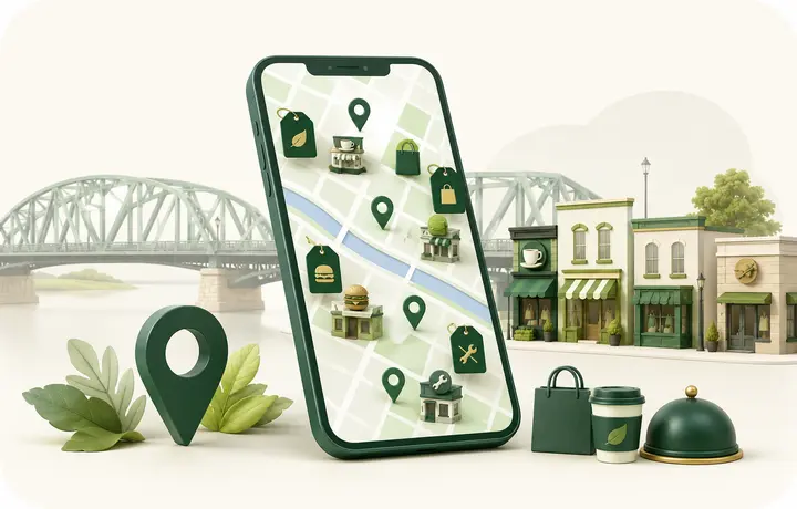 Phone map showing participating local businesses and perks in Fredericton